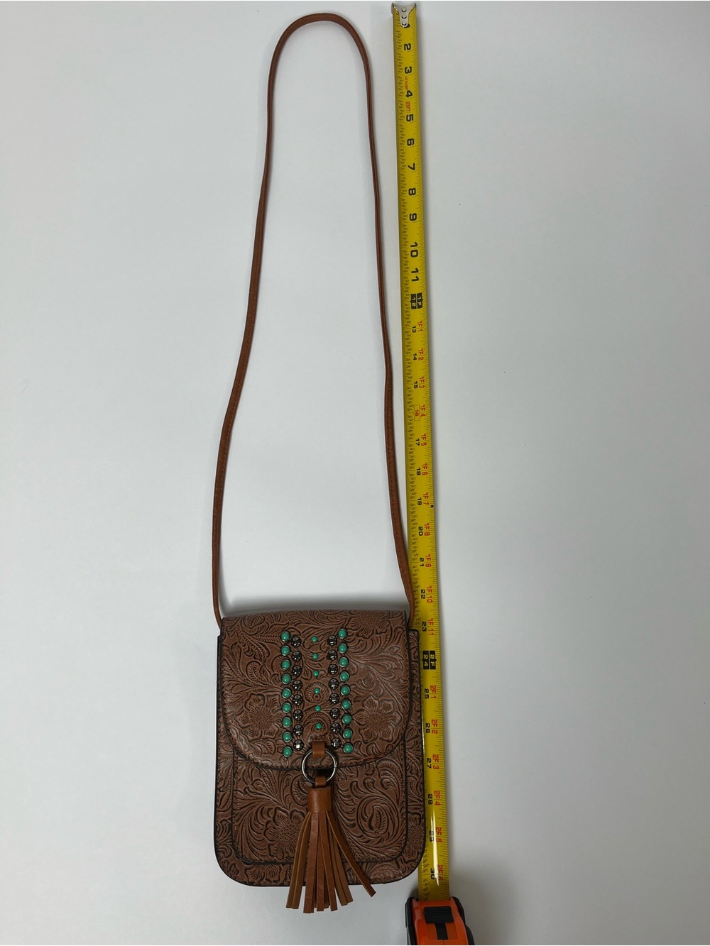 Western Tooled Faux Leather Crossbody Bag Turquoise Studded Tassel Purse Boho - Picture 8 of 9
